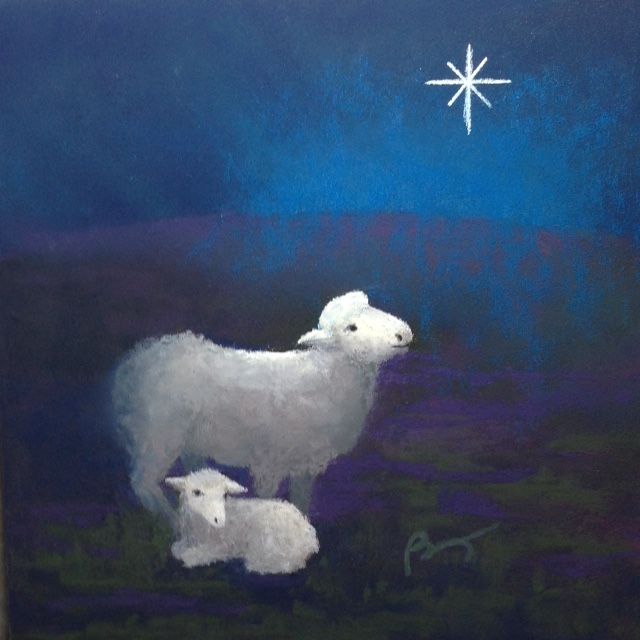 A painting of sheep in a pasture with a star in the heavens.